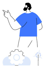 Man pointing with focus on a gear and wind turbine representing progress, technology, sustainability. Ideal for energy innovation, teamwork, planning, green initiatives, engineering, efficiency flat
