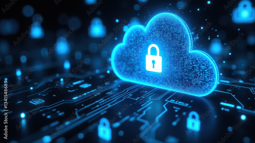 Aufkleber this image depicts a cloud-based theme with security and technology elements, showcasing a lock icon