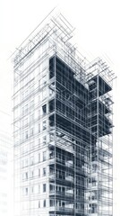 Fototapeta premium Architectural Sketch of a Modern High-Rise Building Featuring Detailed Lines and Structural Framework in White