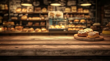 Wooden board empty table background. abstract blurred bakery shop background.