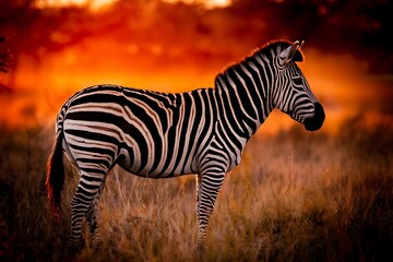 A lone zebra stands in tall grass, silhouetted against a vibrant orange sunset. The African savanna backdrop enhances the images dramatic beauty.