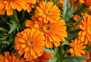 Close-up of vibrant orange calendula blossoms, petals & leaves, floral, therapy