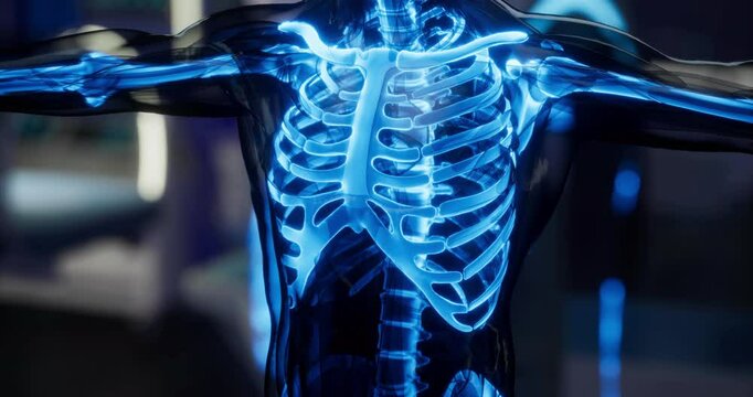 A lifelike representation showcases the human skeleton, emphasizing bones and joints in a vibrant blue glow. This anatomical display provides insight into skeletal structure and function.
