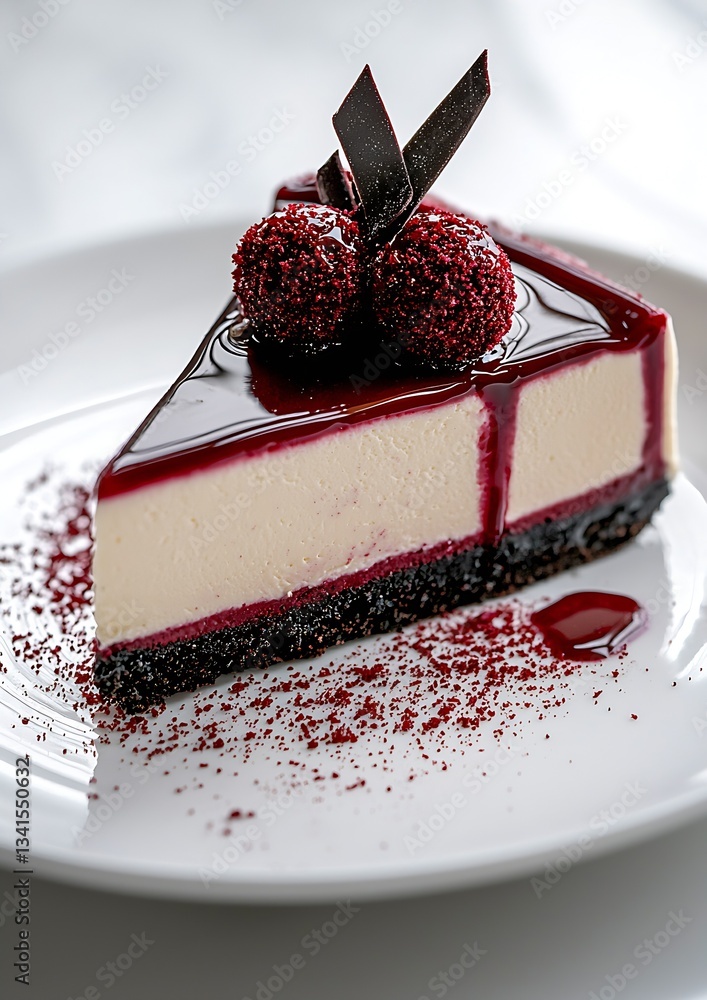 Poster decadent cheesecake adorned with glossy berry sauce and elegant chocolate decoration on a plate : ge
