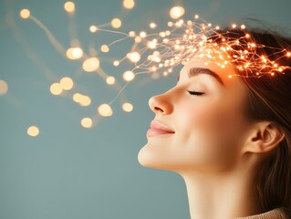 Girl with glowing light effects surrounding her head, symbolizing brainpower, creative thought processes, and neural energy in a futuristic and dynamic artistic portrait
