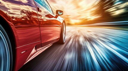 A sports car speeding down a highway with a blurred background.