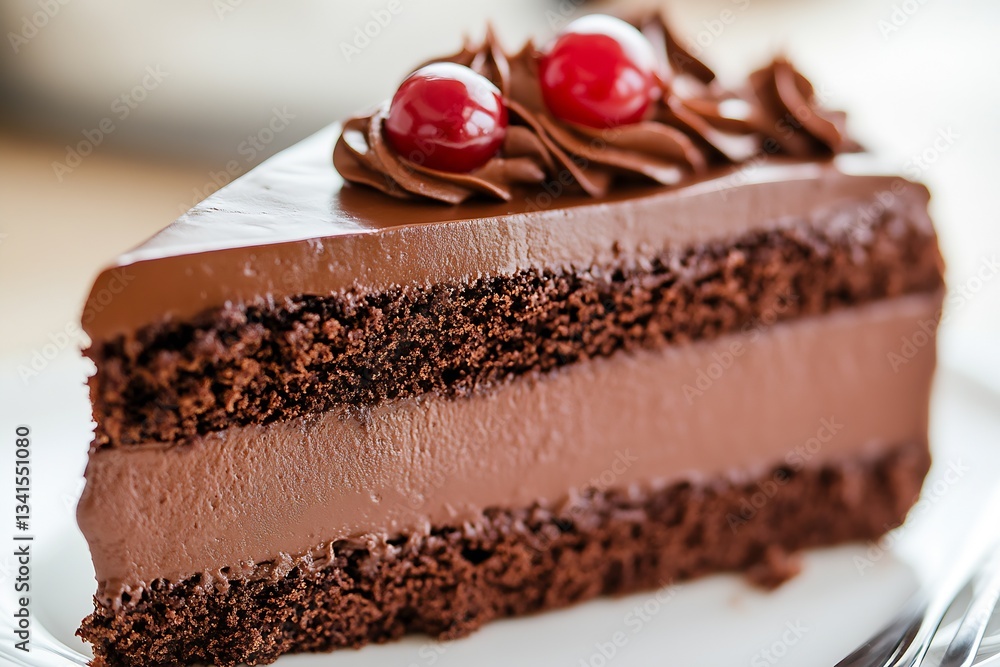 Aufkleber luscious chocolate cake slice filled with smooth frosting and topped with cherries for an indulgent 