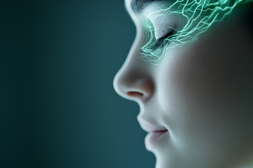 Young woman with glowing light effects and neural patterns around her head representing deep thought, creative energy, and neural innovation in a conceptual digital portrait