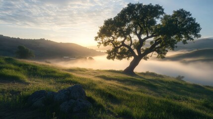 Obraz premium Solitary Oak Tree on Foggy Hill at Sunrise