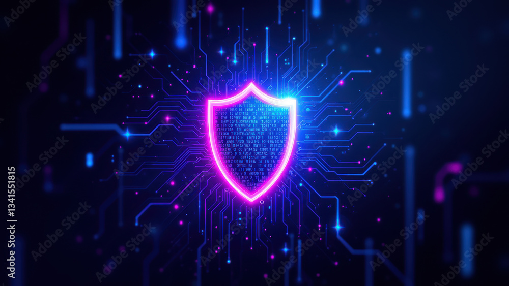 Poster cybersecurity concept with a glowing shield on a circuit board background.