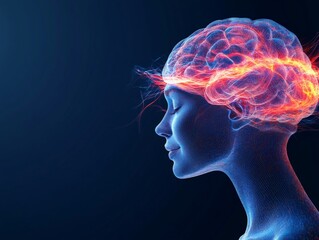 Artistic image of a woman with abstract neural connections and glowing light around her head symbolizing creativity, innovation, and cognitive growth in a futuristic setting with neural networks
