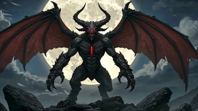 Dark-winged demonic creature standing on a rocky surface, illuminated by ominous red light	.