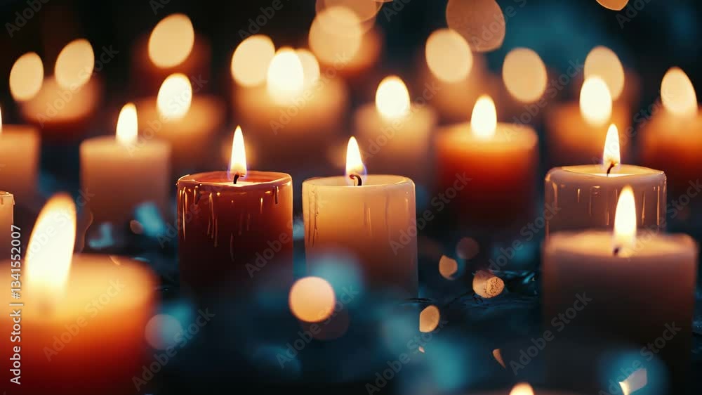 Poster warm glow of numerous burning candles creating a tranquil atmosphere in dim light, blurred bokeh bac