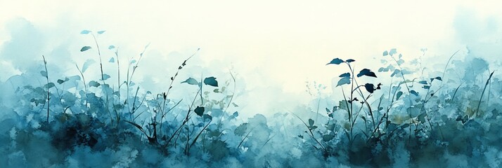 Naklejka premium Soft Blue Watercolor Background, Delicate Grass And Leaf Silhouettes, Dreamy, Peaceful Nature Scene.