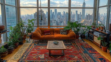Fototapeta premium Urban penthouse living room with city view