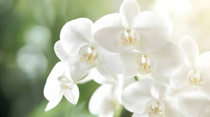 A soft close-up of a cluster of white Phalaenopsis orchid flowers with subtle yellow centers.
