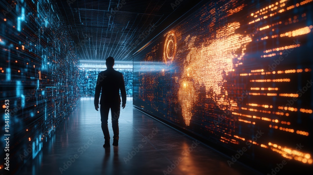 Poster a silhouetted businessman walking through a futuristic corridor with glowing digital data streams an