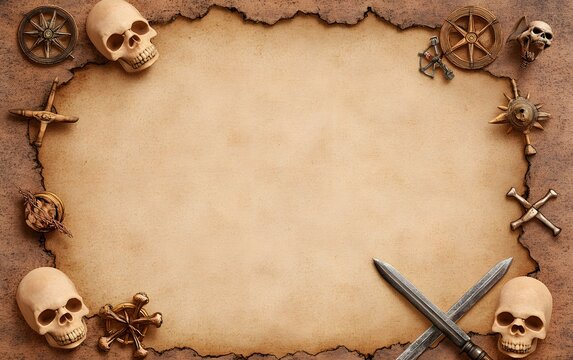 Seamless pirate treasure map with aged parchment textures, skulls, crossed swords, and hidden treasures