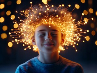 Profile view of a young boy with glowing brain, symbolizing the digital transformation and neural connections in artificial intelligence and cognitive technology