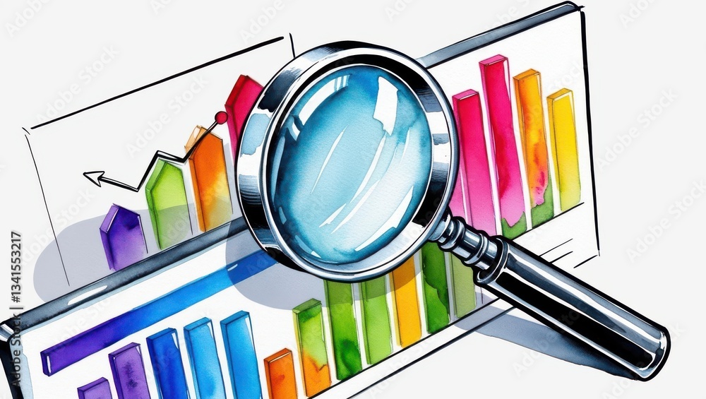 Poster the image features a magnifying glass over colorful bar graphs, symbolizing analysis and data interp