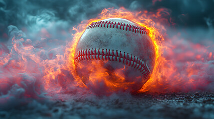 A baseball is on fire and is surrounded by flames