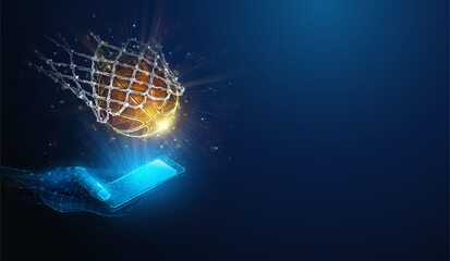 Low Poly Basketball Ball Falling to Net Scoring Points over Smartphone in Hand.Abstract geometric illustration on basketball game sports mobile application concept by wireframe mesh on blue background