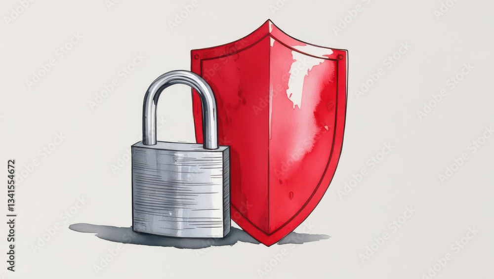 Poster a padlock and a red shield symbolize security and protection in a minimalist design.