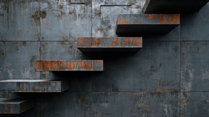 Modern Rusty Staircase with Metal Steps on Industrial Wall Background