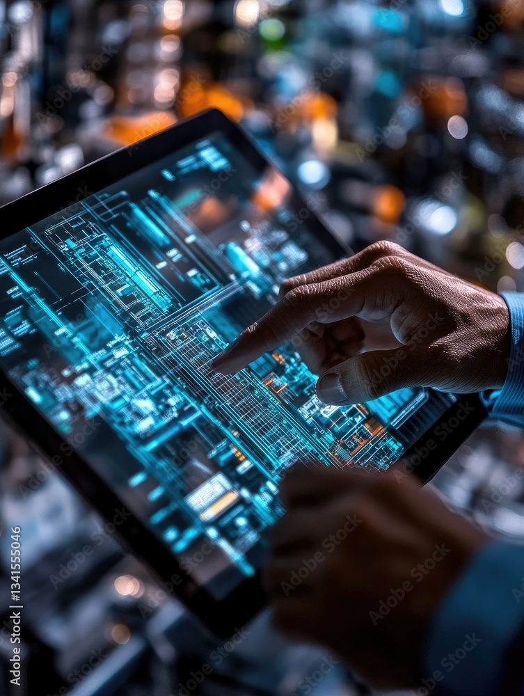 Poster close up hands interacting with digital tablet displaying illuminated circuit board in blue and cyan