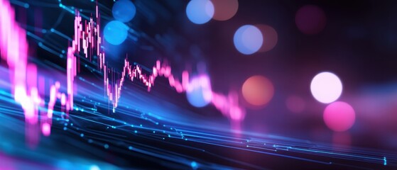 A vibrant digital graph depicting market trends with colorful lines and blurred lights, illustrating data visualization and technology.