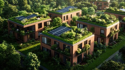Fototapeta premium Aerial view of eco-friendly multi-story buildings with solar panels and green roofs surrounded by lush green landscape promoting sustainability and nature