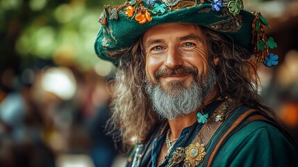 Fototapeta premium Smiling man with long hair and ornate hat at a festival.