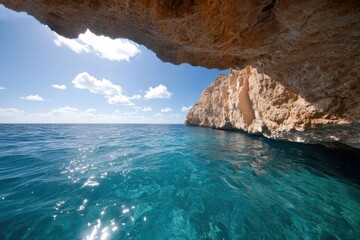Obraz premium A scenic view from a cave overlooking crystal clear ocean waters reflecting sunlight, surrounded by rugged cliffs and a bright blue sky with fluffy clouds.