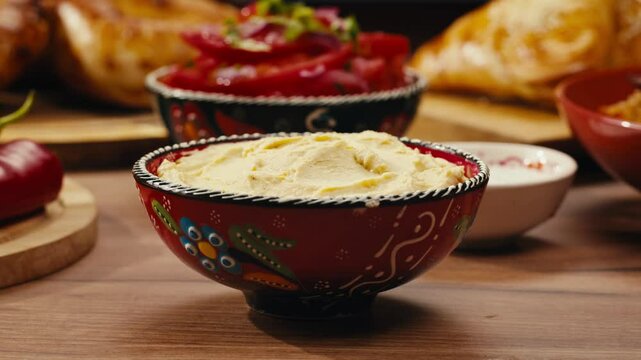 Hummus close-up, middle eastern national traditional food. Muslim family dinner, Ramadan, iftar. Arabian cuisine delivery. 