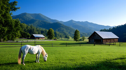 Obraz premium White Horse Grazing in Lush Green Pasture with Rustic Barns and Mountain View