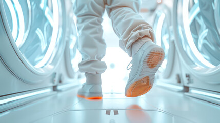 Exploring a futuristic space environment astronaut walking through a high-tech corridor