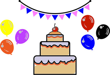 Birthday Cake Illustration with Balloons and Decorations, Vector illustration of a tiered birthday cake with icing, cherry topping, colorful balloons, and festive bunting decorations.