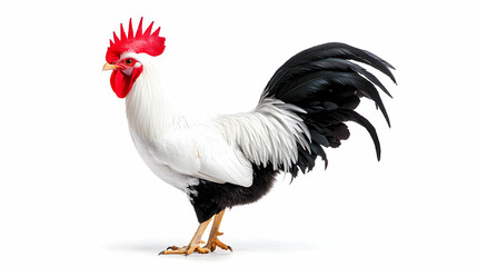 Fototapeta premium White Rooster with Black Tail Feathers on White Background