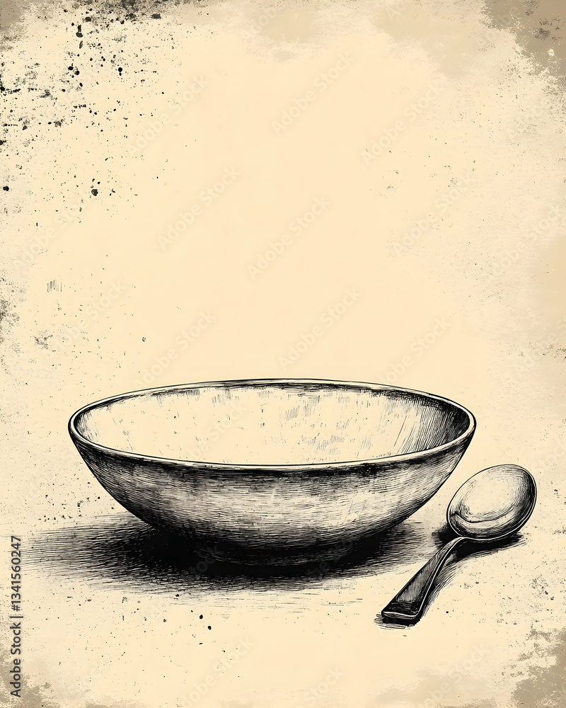 Poster a hand-drawn sketch of an empty bowl and spoon on a textured background, evoking simplicity and mini