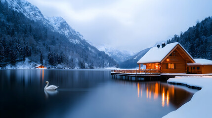 Fototapeta premium White Swan on a Snowy Winter Lake near a Cabin in the Mountains