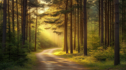 Obraz premium Peaceful joggers path winding through a tranquil forest environment inspiring mindful wellness and fitness journeys