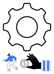 Gear as process, person running symbolizing effort, hand with coin indicating investment or payoff. Ideal for business, finance, productivity, innovation, teamwork development lifestyle. Flat