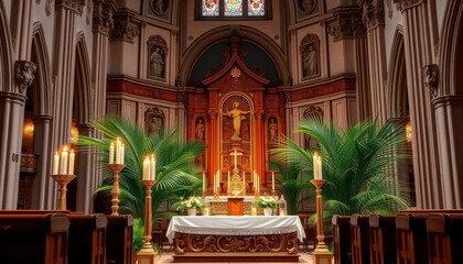 Obraz premium Elegant church altar, candles & palm branches, Palm Sunday celebration, Christ, religious