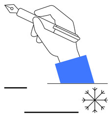 Hand gripping a fountain pen poised for writing alongside simple geometric elements thumbs up lines and snowflake. Ideal for creativity, education, minimalism, art, design, winter themes