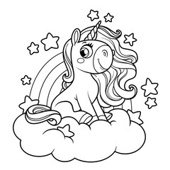 Cute cartoon fairytale unicorn sit on cloud with rainbow outlined isolated on a white background