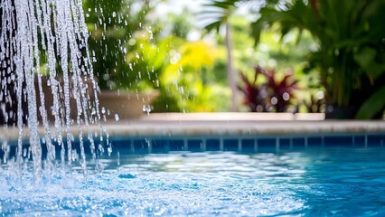 A bright blue swimming pool with a waterfall feature, surrounded by lush greenery and vibrant plants. Concept Bright Blue Pool, Waterfall Feature, Lush Greenery, Vibrant Plants, Outdoor Oasis