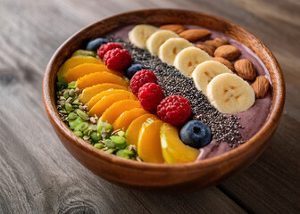 A healthy smoothie bowl topped with fresh fruit, nuts, and seeds, on a wooden table with natural...