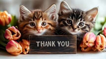 Thank you sign with text, thank you. Two cute kittens holding a thank you note. Expresses gratitude. Spring greeting background with yellow tulips.