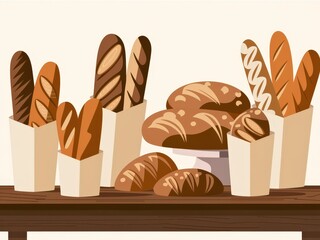 Assorted fresh bread and pastries displayed on a wooden table