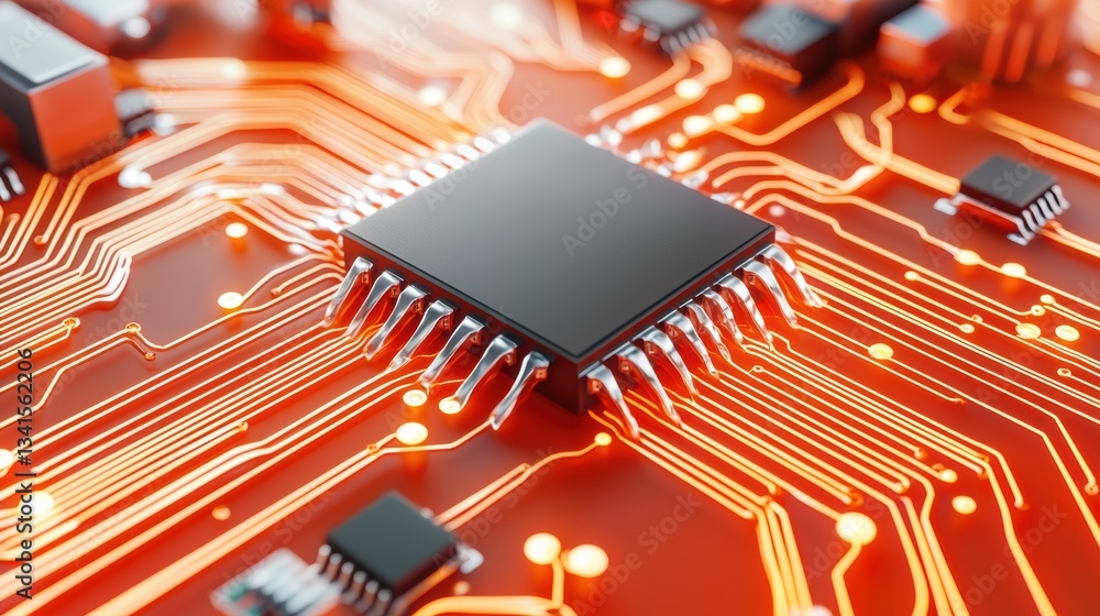 Poster a close-up view of a computer chip on a circuit board, showcasing intricate electrical connections i